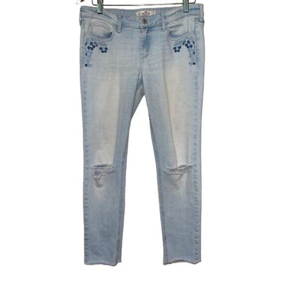Hollister Light Wash Cropped Jeans  With Embroidery  Size 7 - Picture 1 of 13